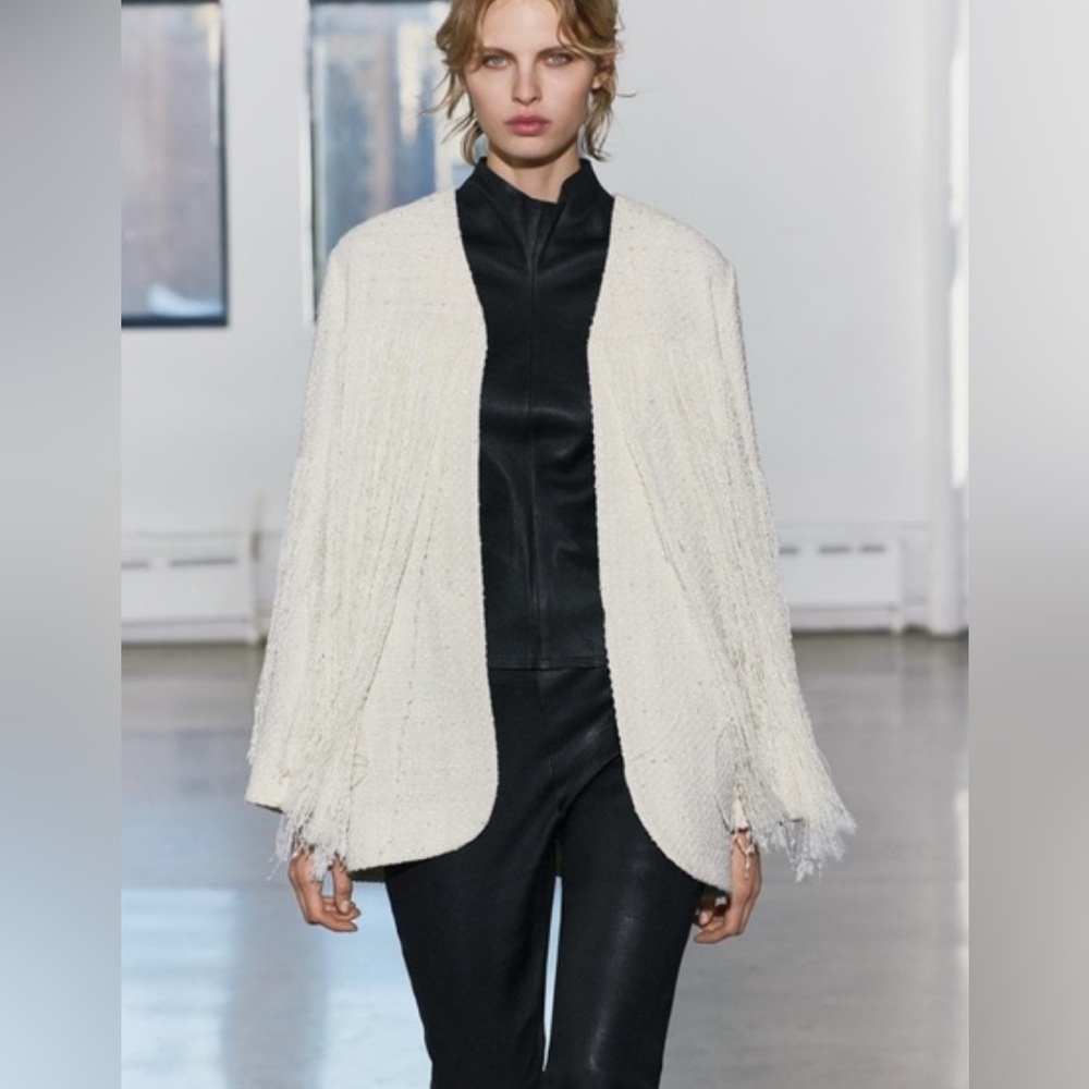 ZARA ZW Collection RARE Textured Fringe Jacket Wool Blend Size M NEW - Picture 2 of 15